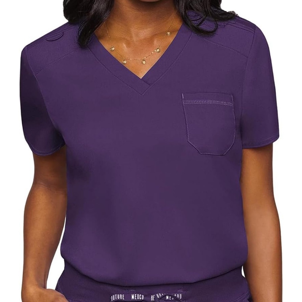 Med Couture V-Neck Scrub Top, Modern Fit Tuck-in Top Stretchy Rib-Knit Shoulders
